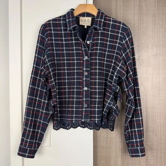 Sea New York‎ Navy Wool Plaid Peekaboo Shirt with Eyelet Back - Picture 3 of 13